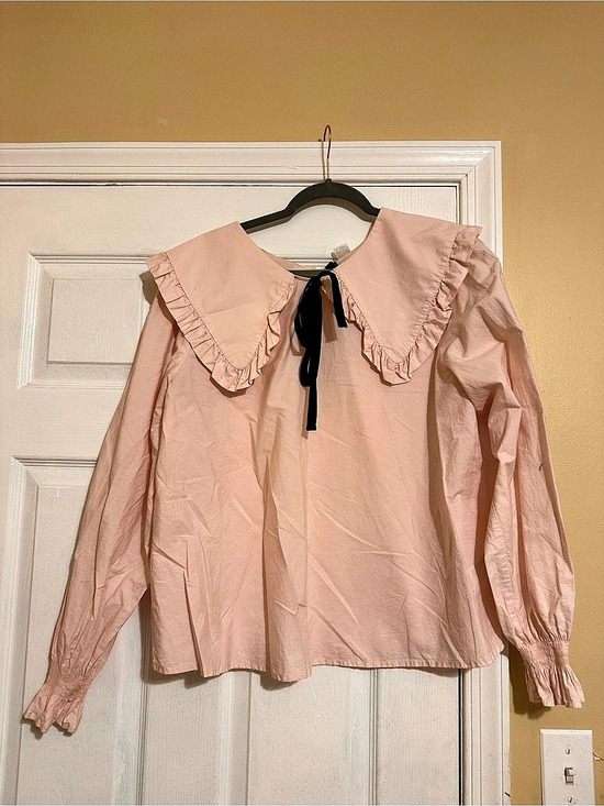 Tops - Pink Oversized Peter Pan Collar Blouse Black Bow Tie Cottagecore Coquette
